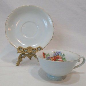 Castle China Made in Occupied Japan Blue Tea Cup & Saucer Orange Blue Flowers